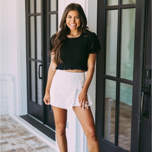 Eyelet Sleeve Smocked Top-Black - Picture 3 of 5